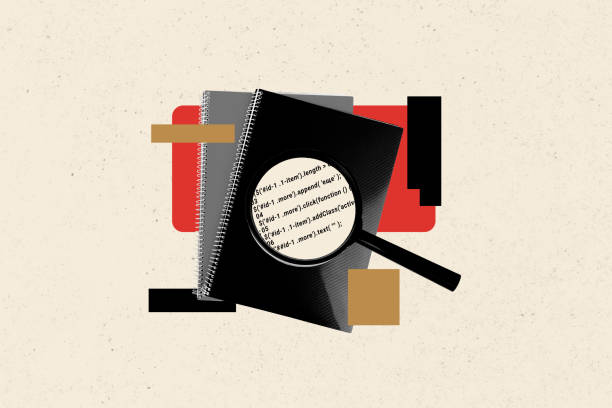 istock 3d retro abstract creative artwork template collage of big loupe magnifying writing copybook code isolated beige color background 2193276587