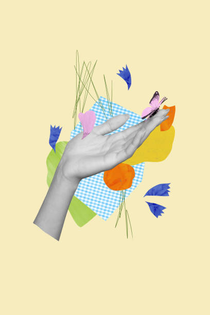 istock Collage vertical picture artwork of beautiful butterfly sitting on human arm warm spring weather season isolated on drawing background 2193276682