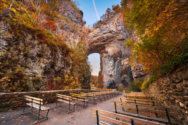 Natural Bridge, Virginia, USA with seating in autumn.