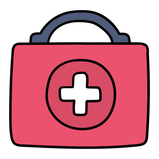 Hand drawn cartoon first aid kit icon on white background. Hand drawn cartoon first aid kit icon isolated on white background. Vector illustration. priority baggage tag stock illustrations