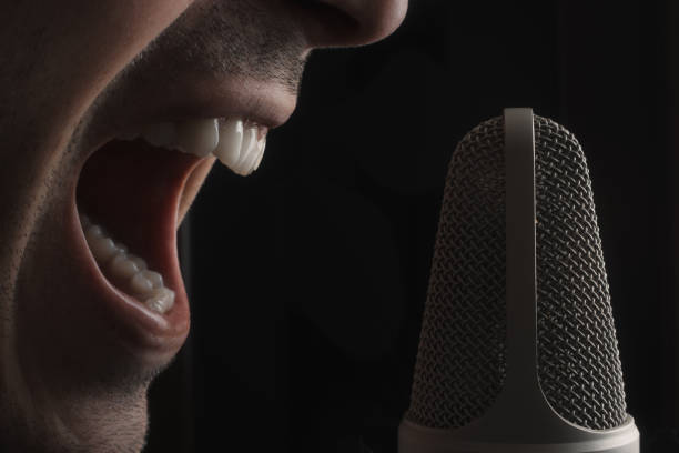 istock Singer's mouth and studio microphone. Recording a song 2193286066