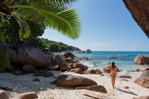 istock Young woman sits on rocky beach 2193296733
