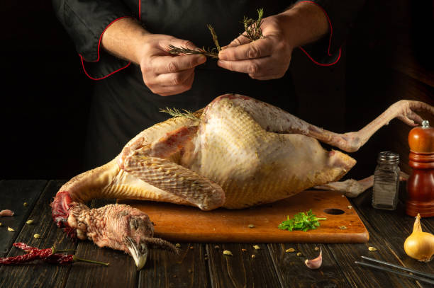 istock Chef prepares raw turkey on kitchen table with spices and aromatic rosemary. Concept of cooking tasty bird in cozy kitchen for meat dinner 2193299670