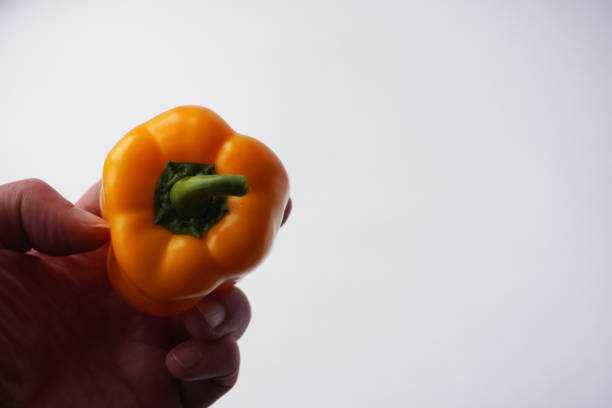 Male hand holding mixed colour of peppers in kitchen.