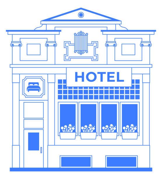 Hotel line art illustration. Building facade icon with entrance on white background. One color blue outline isolated graphic. Old vintage architecture. Infographic with editable stroke.