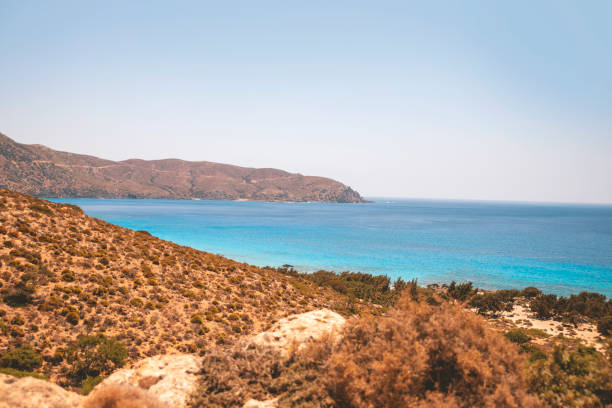 Rocky mountains Coastline and sea bays landscape on the way to Xerocambos beach on island Crete, Greece