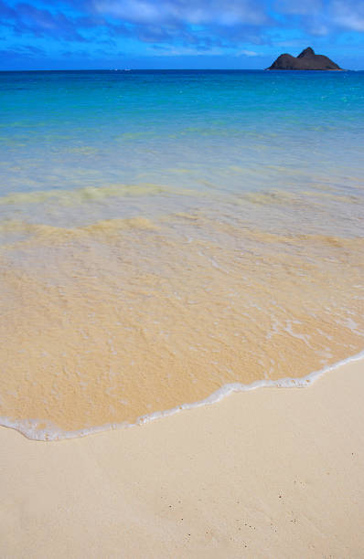 Golden sand meets crystal-clear turquoise waves on a serene beach in Majorca, Spain, with a captivating island visible under a perfect blue sky. A tranquil coastal destination ideal for nature and relaxation enthusiasts.
