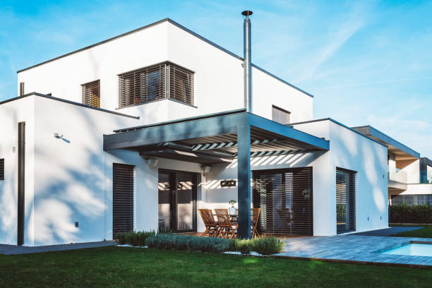 istock Modern White House terrace with Patio and Garden 2193341761