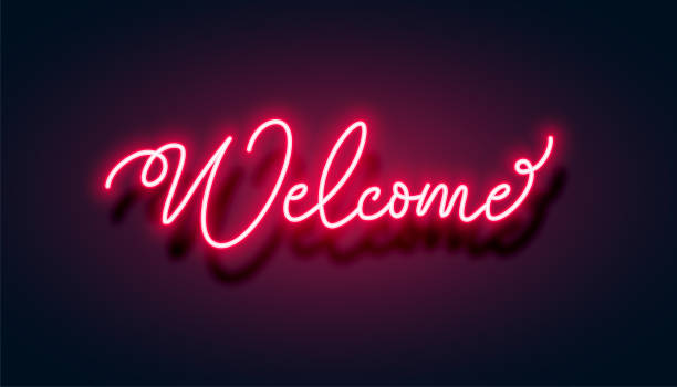 istock glowing red neon welcome lettering banner for party invitation 2193356503