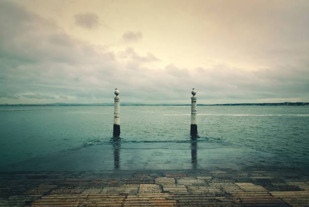 Two columns with seagulls perched on top emerge from the waters of the Tagus river in Lisbon, Portugal, with a cloudy sky and the city in the background