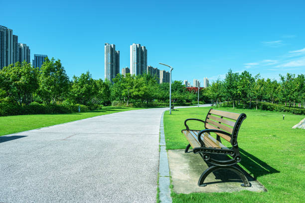 istock Curved pathway through the green city park 2193359173