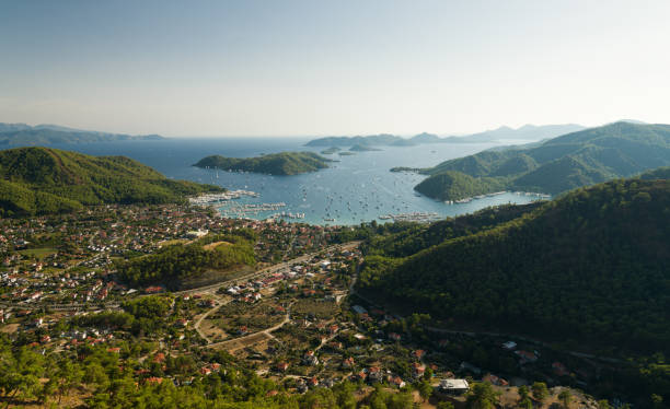 Wide angle panoramic view of Gocek holiday village from the hill. Gocek is a holiday destination famous for its marina on the Mediterranean coast. Fethiye district, Mugla province, Turkey country