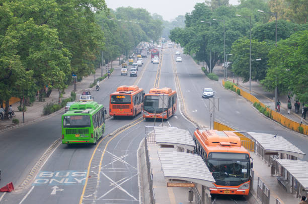 New Delhi, India-May 23 2012: Delhi Transport Buses running on Bus rapid transit (BRT) in New Delhi.
