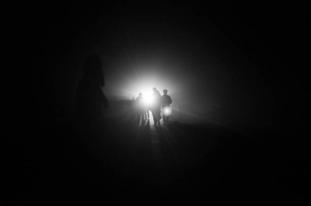 Abstract defocused group of people silhouettes. 3D generated image.