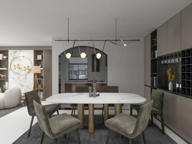 istock Modern Minimalist Dining Room: A contemporary design featuring a marble-top table, dark upholstered chairs, a unique pendant light fixture, neutral color palette, marble accent wall 2193367172
