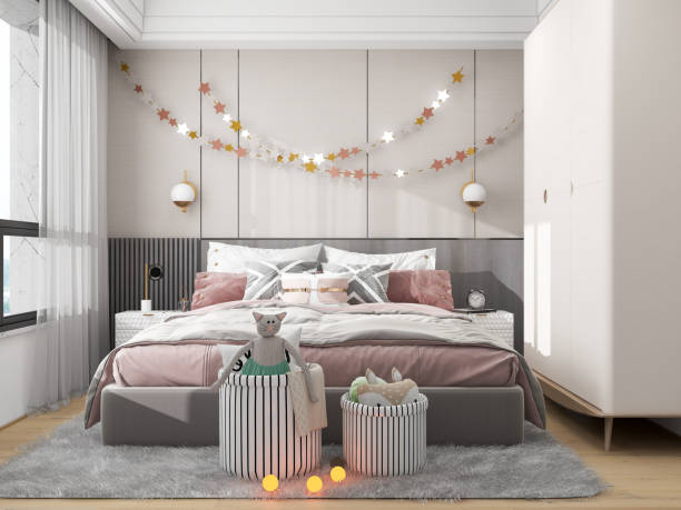 istock A modern, Scandinavian-style bedroom features a cozy bed with pink and gray bedding, a soft gray rug, striped storage baskets, and star garlands, complemented by a neutral color palette. Home decor. 2193367299