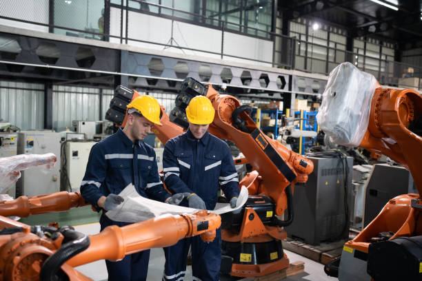 istock Two caucasian engineer man use paper work working with robot arm background 2193368081