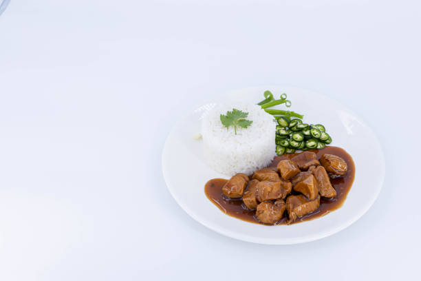 Rice with chicken in brown sauce, Braised Chicken On Rice, Chinese Chicken Rice, Chicken gravy with rice, Chinese style Meat gravy fragrant, Thaifood, Asian food style