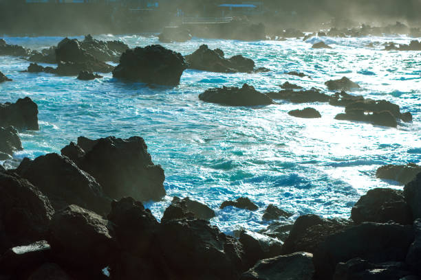 Rocky coastline with waves crashing against the rocks, creating a dramatic and dynamic seascape. Interplay of light and mist adds a sense of atmosphere and movement, making it visually captivating