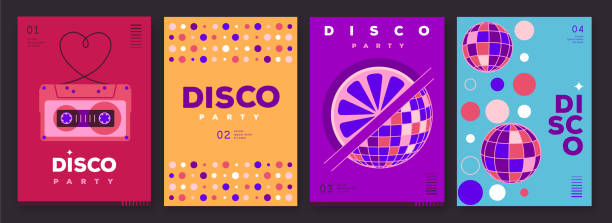 Set of retro disco party posters, covers or banners with disco ball. Disco background. Flat design. Vector illustration