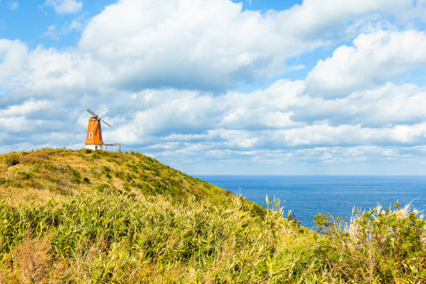 Windmill on a hill in Munakata Oshima, Fukuoka Prefecture, Japan, June 14, 2024.