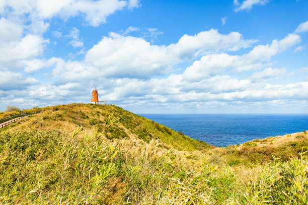 Windmill on a hill in Munakata Oshima, Fukuoka Prefecture, Japan, June 14, 2024.