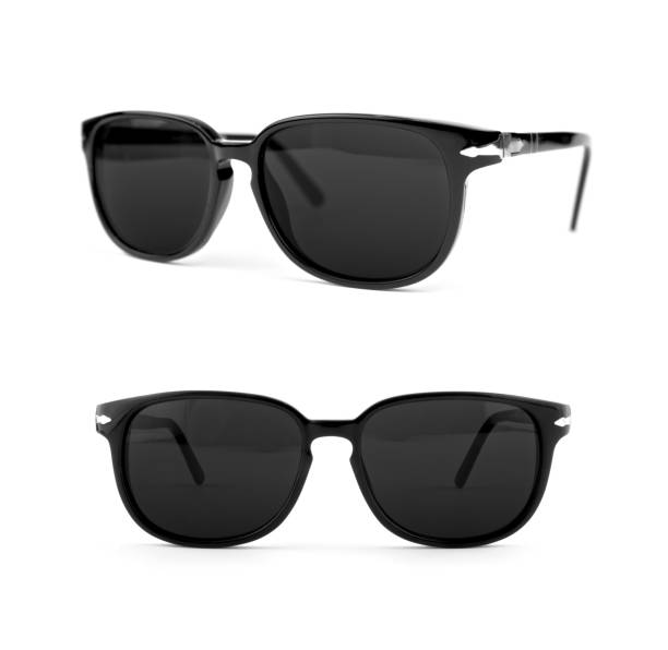 Cool sunglasses set isolated on white background. In black plastic frame. Top view and front view. Close up.