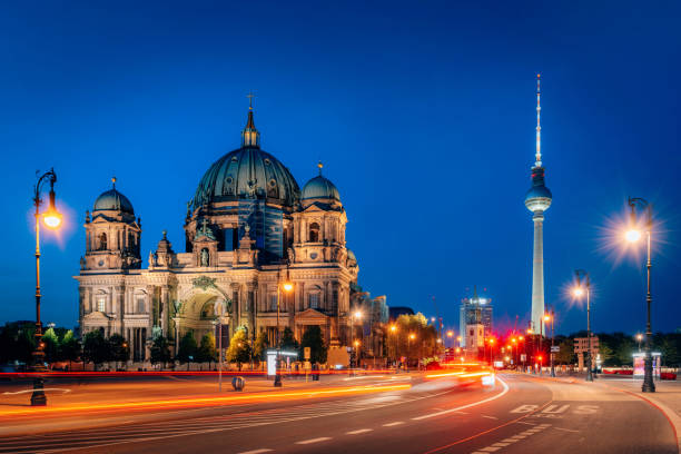 istock Night View of Berlin Cathedral and TV Tower with Light Trails 2193377322