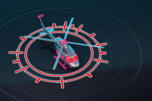 A futuristic, silver helicopter is set against a dark background with glowing red lines. 3d rendering