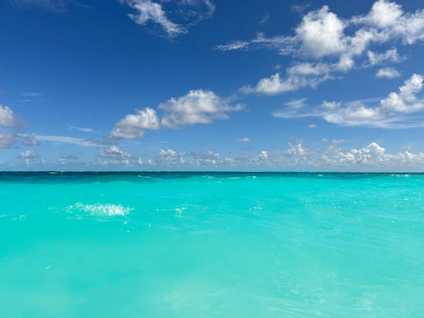 Caribbean tropical turquoise sea with dramatic perfect clouds, a perfect vacation destination in Mayan riviera