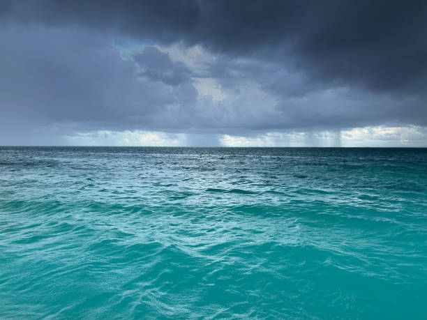 The horizon of the Caribbean Sea shows turbulent waters beneath an overcast sky, filled with dark, dramatic clouds hinting at an impending storm. The atmosphere feels charged and intense.