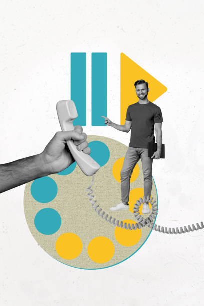 istock Composite image montage trend artwork 3D collage of landline phone call service help young man hold laptop finger point call talk play 2193381399