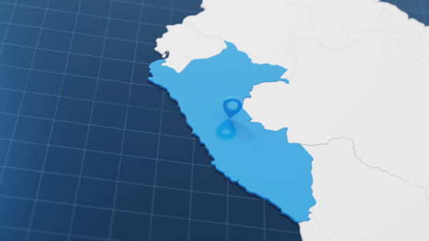 Blue Peru 3d map with pointer pin surrounded with other countries in white. Political map with borders. 3d render illustration.