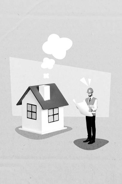 istock Vertical 3d collage artwork of young builder architecture hold paper plan document man wear helmet near apartment isolated on beige background 2193388230