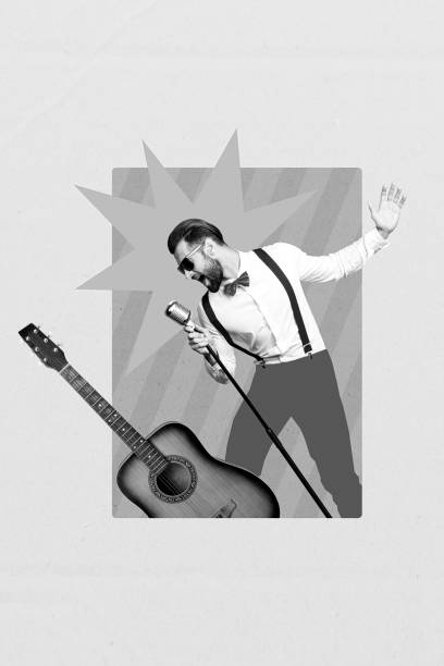 istock Vertical collage image of excited black white effect guy singing microphone acoustic guitar isolated on creative background 2193388251