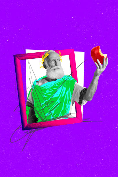 istock Exclusive image vertical photo collage of serious old julius caesar hold bitten apple fruit detox nutrition peek picture frame 2193388626