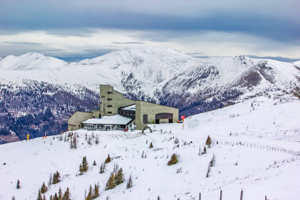 Snowy mountain lodge in winter