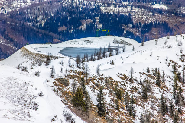 View of the snowy alpine landscape with glacier lake