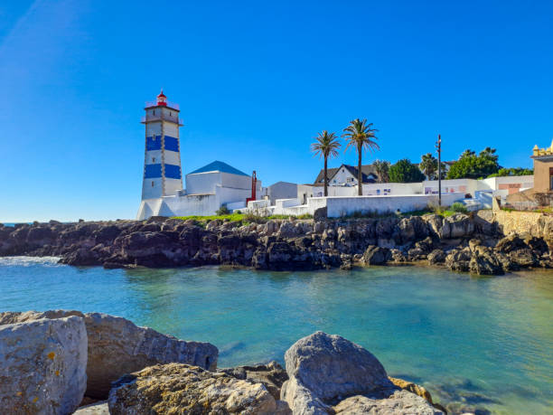 Santa Marta lighthouse in Cascais Portugal. Atlantic Ocean coast