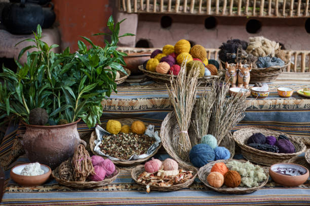 istock Colorful peruvian yarn and natural dyes displayed on a table 2193389873