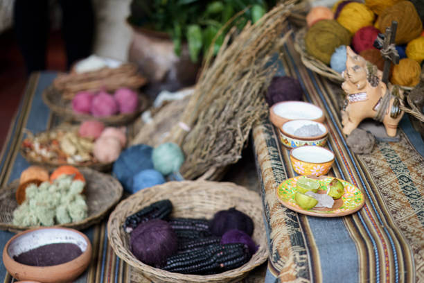 Display of natural dyes and materials used in traditional peruvian textile dyeing