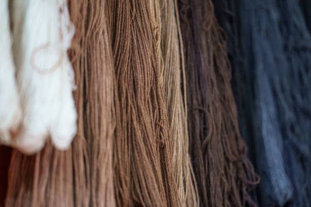 Colorful alpaca wool yarn hanks hanging and drying in a traditional peruvian workshop