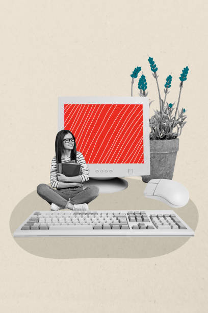 istock Composite trend artwork sketch image collage of happy student girl hold book planner sit pc monitor desktop mouse keypad flower 2193390021