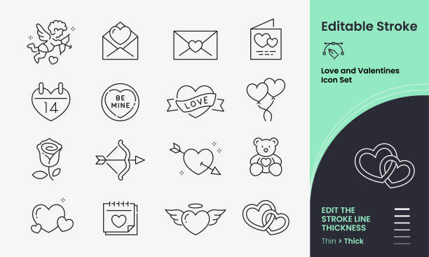 Love and Valentines vector icon set containing 16 editable stroke icons. Love and Valentines Icon collection containing 16 editable stroke icons. Perfect for logos, stats and infographics. Edit the thickness of the line in any vector capable app. famous archer stock illustrations