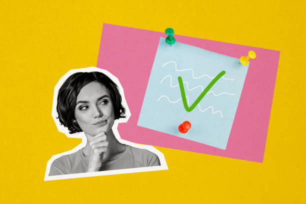 istock Composite creative art collage of thoughtful girl think solution checkmark approval sticker pin memo isolated on painted background 2193392098