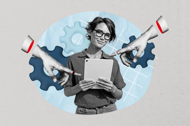 istock Composite image montage trend artwork 3D collage of young lady student eyewear hold tablet hand gesture finger point gearwheel choice 2193392134