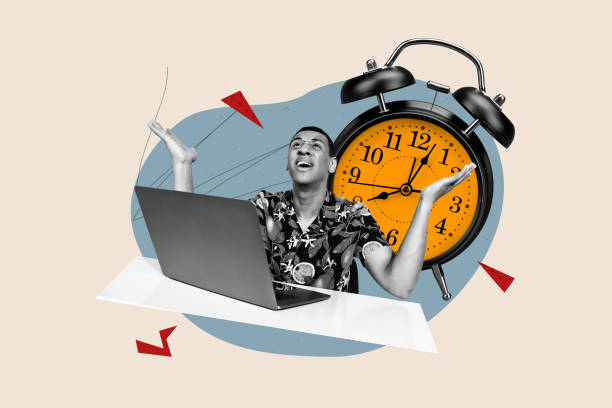 istock Creative collage young clueless man workaholic laptop digital device alarm clock bell ring countdown time management hour late miss 2193394276