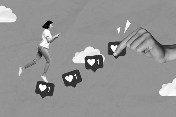 istock 3d retro creative collage artwork of smiling happy lady walking typing instagram telegram february isolated painting background 2193396007
