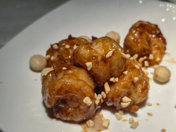 Close-up of Thai fried shrimp balls on the plate