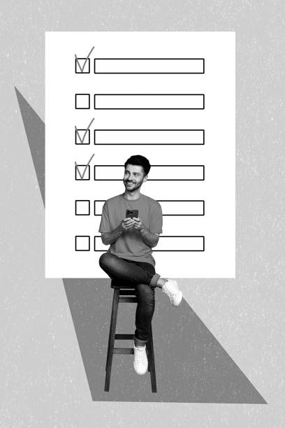 Composite collage of young successful entrepreneur man sit chair use smartphone planner online reminder management isolated on drawing background